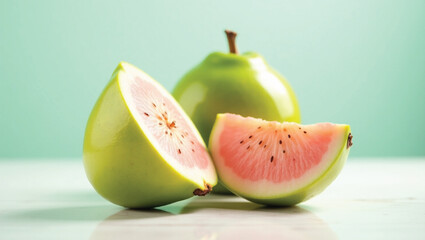 Fresh green guavas with a cut showing pink flesh
