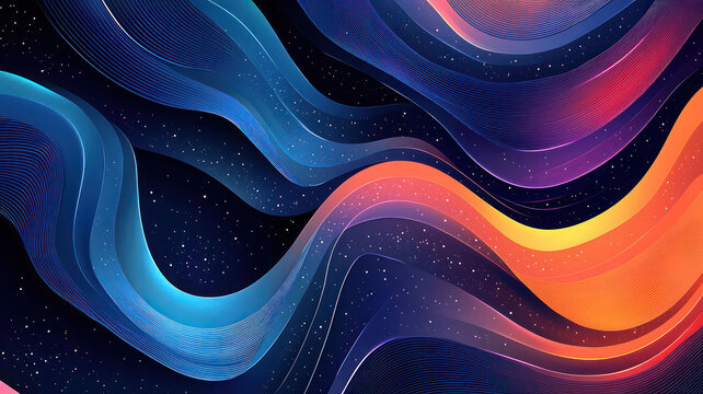 Abstract flowing waves of vibrant blue, purple, and orange light with subtle starry background creating a sense of cosmic movement and energy, perfect for technology or science themes.