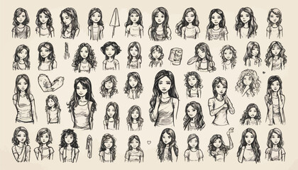 Naklejka premium Stylized Women Faces and Hairstyles — Black and White Vector Silhouettes for Fashion and Editorial Concepts