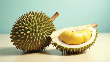 Fresh Durian Opened to Show Creamy Flesh Inside