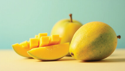 A whole, unripe green mango, alongside a half mango that has been diced into neat, vibrant yellow cubes, showcasing its sweet, ripe flesh. A single green leaf is also visible.