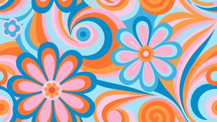 Naklejka premium Groovy Hippie 70s Backgrounds: Retro Psychedelic Vector Texture pattern, seamless, vector, wallpaper, flower, art, illustration