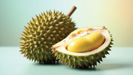 Fresh Durian Opened to Show Creamy Flesh Inside