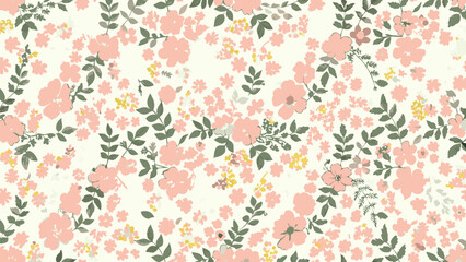Retro floral pattern in small flowers. Small pastel pink and yellow flowers. White background. Liberty print. Floral seamless background. Beautiful template for fashion textile prints. Stock pattern, 