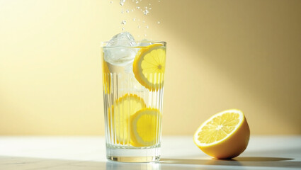Refreshing Lemon Beverage: A chilled glass of bubbly lemon beverage, adorned with slices of fresh lemon, creating a vibrant and inviting drink