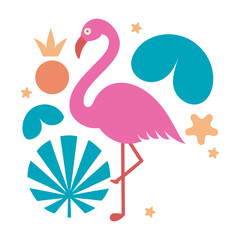 Flamingo Surrounded By Beach Icons