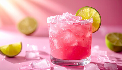 Pink frozen margarita with lime and crushed ice in frosted glass on pink background AI-generated