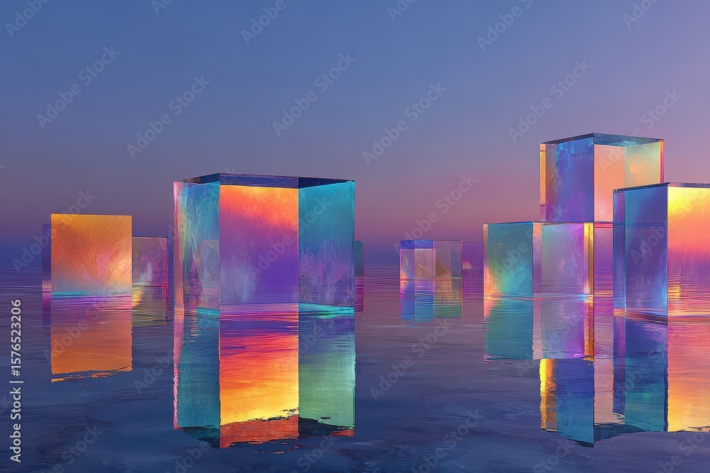 Poster iridescent translucent cubes reflecting on water create an ethereal and futuristic landscape under a