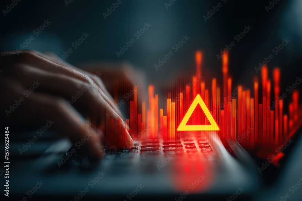 Poster person types on laptop with red alert symbol displayed highlighting cybersecurity threats and potent