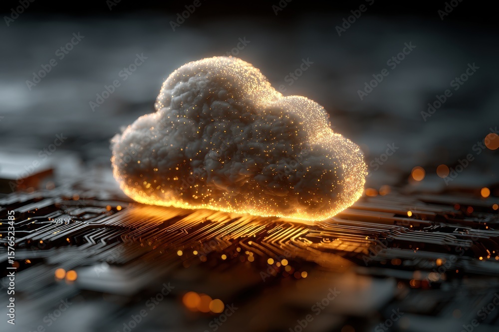 Poster cloud computing illustration with data flowing on circuit board and glowing edges highlighting serve