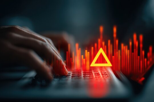 Person types on laptop with red alert symbol displayed highlighting cybersecurity threats and potential system vulnerabilities
