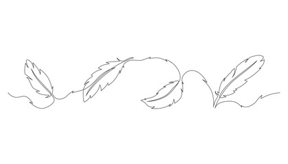 Continuous one line drawing of a feather. Minimalist bird plume or wing symbol. Editable outline. Concept for nature, flight, softness, freedom and World Animal Day.
