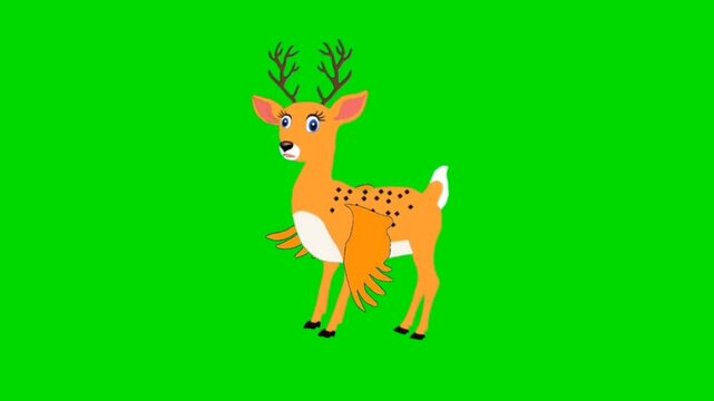Flying and talking deer 2D Animation Green screen background stock video. Animals cartoon character for animation effect.
