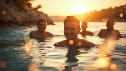 Friends enjoy sunset swimming in serene waters during summer evening