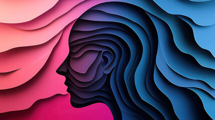 Abstract layered paper art silhouette of a human head profile transitioning from warm pink to cool blue tones symbolizing diverse emotions and internal landscapes