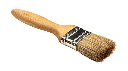 Close up of a wooden handled paint brush with metal ferrule and bristles isolated on a transparent background