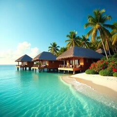 tropical maldivian island with overwater bungalows and blue ocean