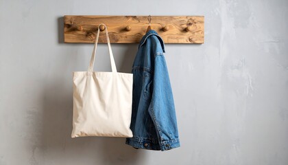 Fototapeta premium Wooden wall hook with tote bag and jacket