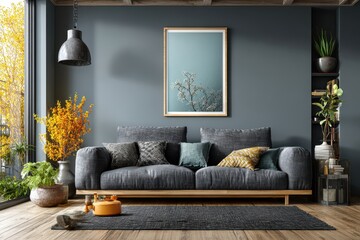 Interior Living Room with Sofa, Wooden Beams, Plants, and Blank Art Mockup during Daytime