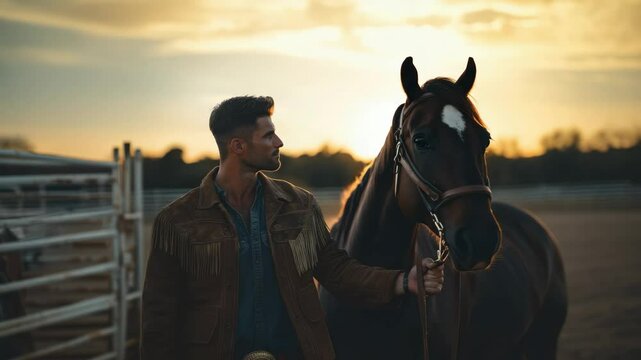Man leads horse during sunset in serene ranch setting