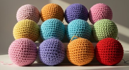 Colorful Crochet Spheres Display Handcrafted Yarn Balls in Various Hues, Decorative Objects.