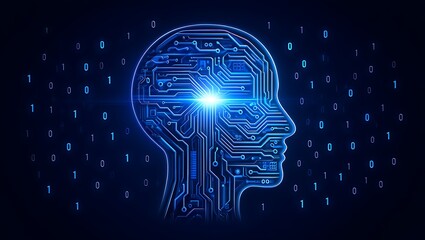 Artificial Intelligence in the Digital Age: A Circuit Board Mind Connecting the World,Conceptual AI Head with Binary Code Reflecting the Future of Technology and Automation