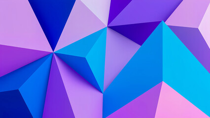 A vibrant and dynamic abstract background consisting of many three-dimensional geometric shapes such as triangles and polygons. The color palette includes various shades of purple, blue, light blue an