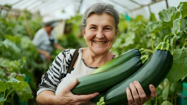 Smiling woman harvesting fresh zucchini in greenhouse garden