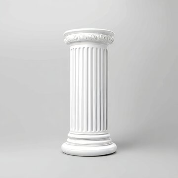 The image of an empty podium is conveyed through a white antic column on a grey background