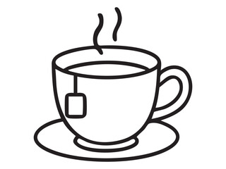 Black outline of steaming teacup with saucer and teabag isolated on white background, graphic illustration. concept of icon, logo, hot beverage, tea time, cafe decor, design element
