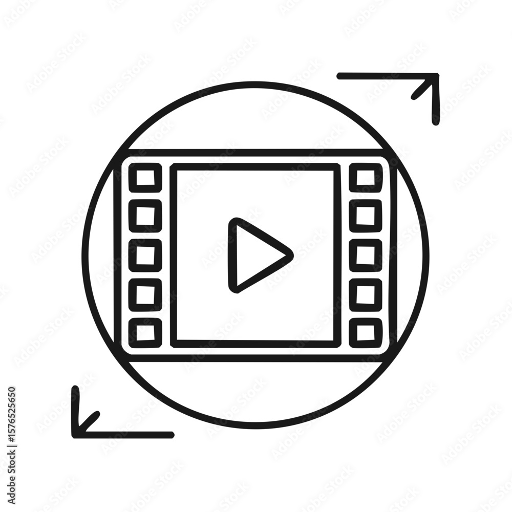 Poster film frame icon with play button and scaling arrows within a circle in minimal line art style
