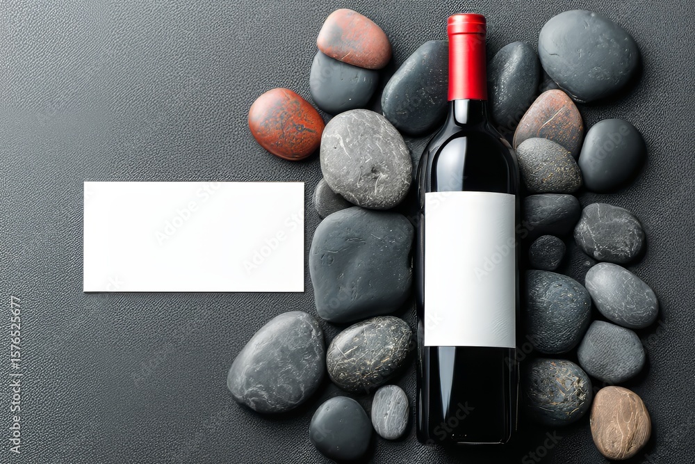 Poster a rich textured stone background provides the setting for a bottle of red wine with an empty blank l