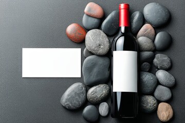 A rich textured stone background provides the setting for a bottle of red wine with an empty blank label