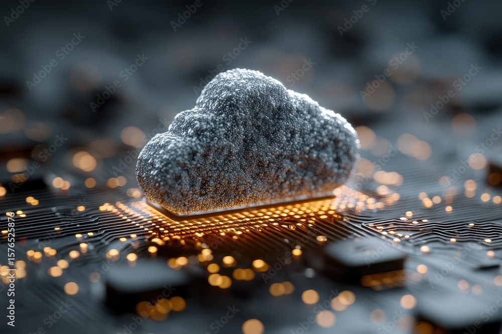 Poster cloud computing illustration with data flowing on circuit board and glowing edges highlighting serve