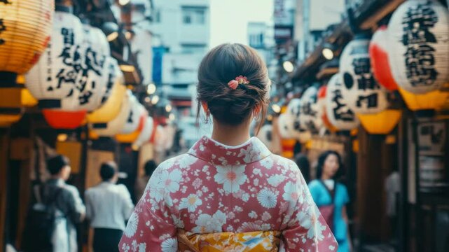 Woman in kimono exploring traditional market in Japan