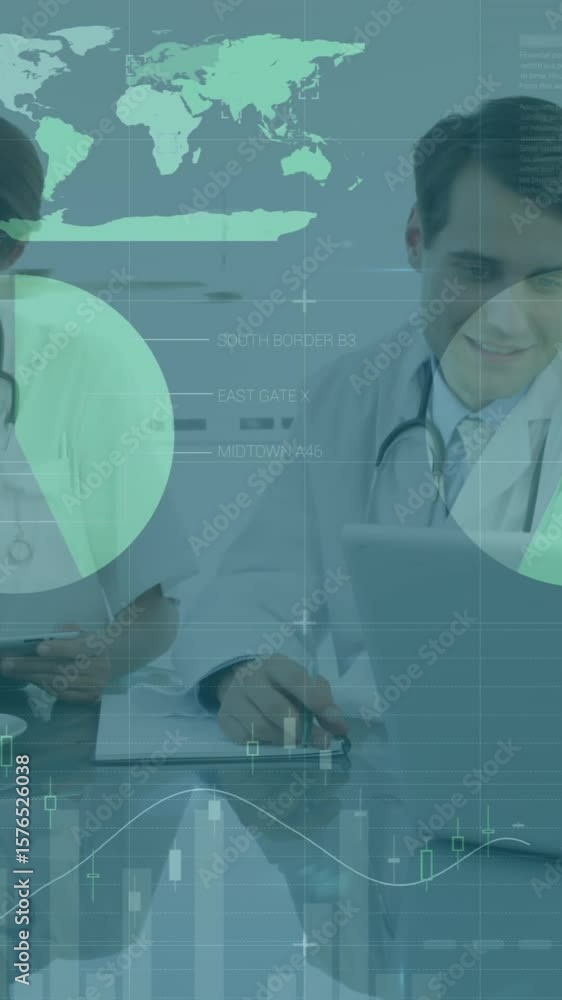 Aufkleber animation of data processing over diverse group of doctors