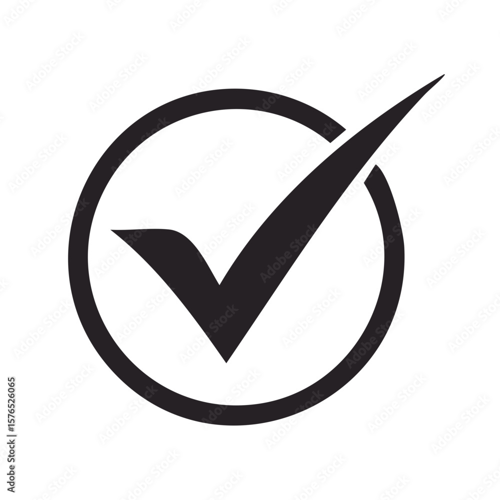 Poster checkmark graphic inside black circle symbolizing approval and validation or task completion