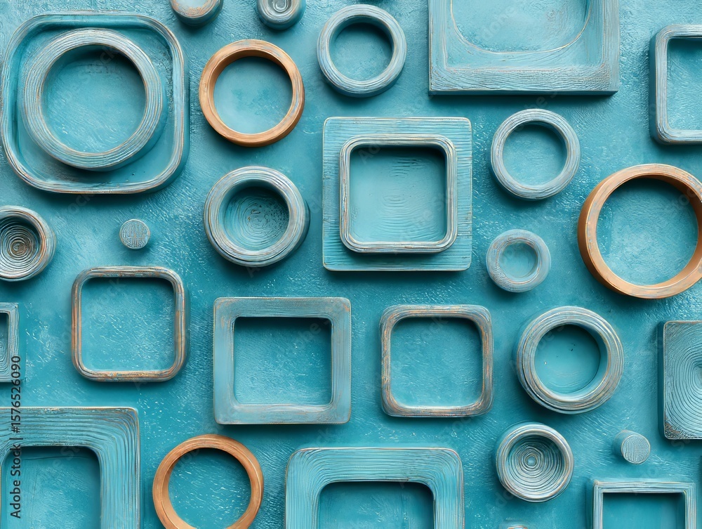 Poster an abstract architectural composition is created using geometric primitives and shapes