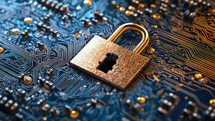 Golden padlock secured on a detailed blue circuit board representing digital security and data protection in technology and cybersecurity concepts