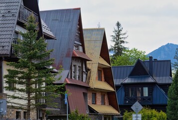 Two steep-roofed homes nestle in rich greenery below mountain peaks. Their earthy tones and alpine style evoke warmth, tradition, and natural harmony in Zakopane - Lesser Poland - Poland
