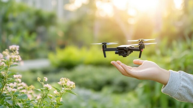 Drone hovering over garden