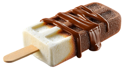 Delicious ice cream bar with chocolate drizzle and sugar coating isolated on a transparent background