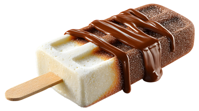 Delicious ice cream bar with chocolate drizzle and sugar coating isolated on a transparent background