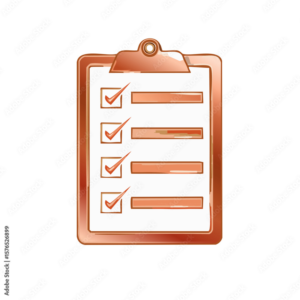 Aufkleber stylized copper clipboard with four check marks indicates tasks completed, checklist design element 