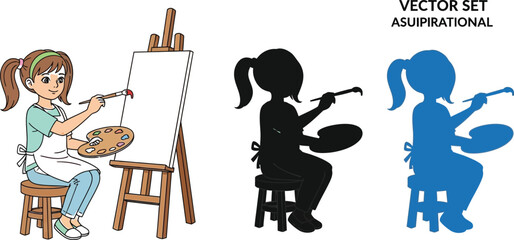 A girl painting on a canvas with a brush and palette in vector set asuipirational