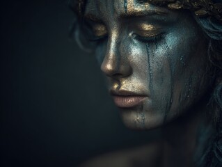At night, a beautiful young woman's face can be seen from directly above in the water of the sea
