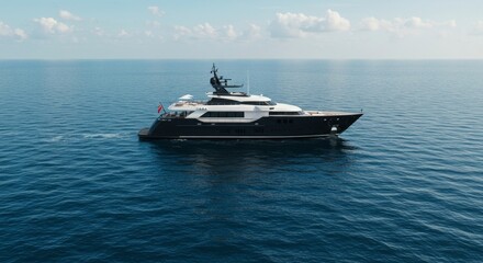 Fototapeta premium Luxury Yacht Sailing on Blue Ocean, Black and White Design, Calm Water, Clear Sky, Summer Day