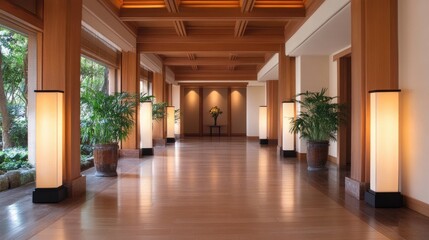 Obraz premium Elegant wooden hallway with floor lamps and plants