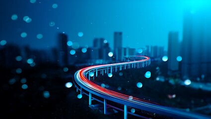 A futuristic urban landscape with a winding road of light trails against a blurred city backdrop, Embracing innovation and technology in a dynamic urban scene with streaks of light