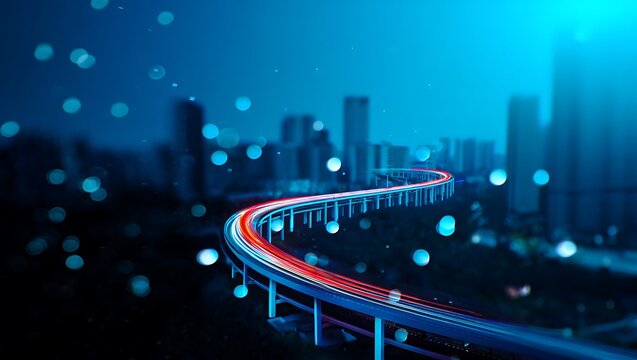 A futuristic urban landscape with a winding road of light trails against a blurred city backdrop, Embracing innovation and technology in a dynamic urban scene with streaks of light